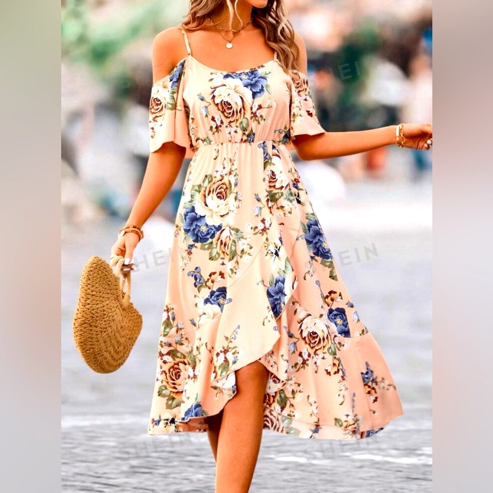 Floral dress, short sleeve, regular fit. Color: Apricot, Size: S made in China
